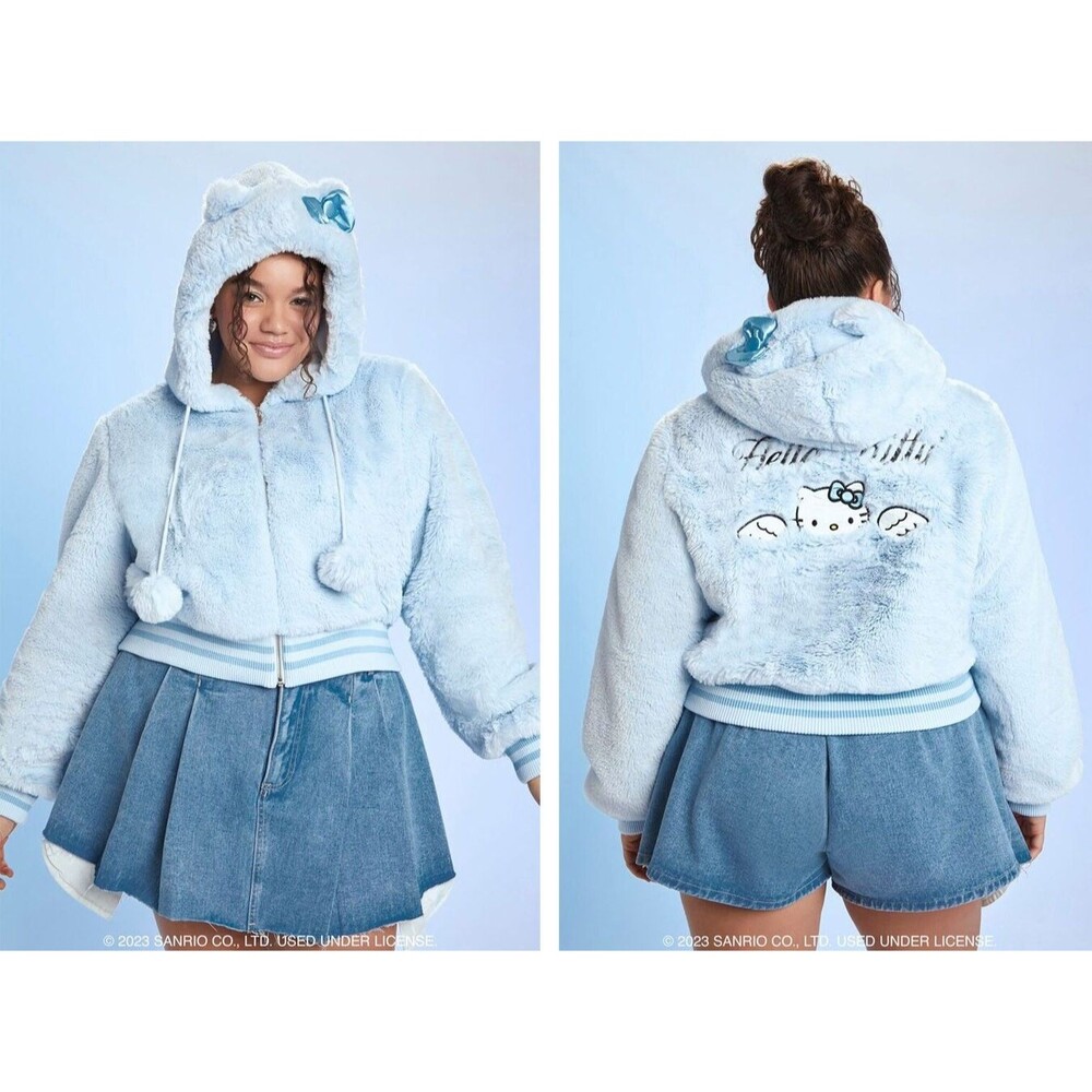 Womens 0X NEW Sanrio HeLLO KiTTY x FoReVeR 21 Blue Angel Faux Fur Hoodie Jacket